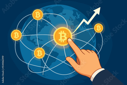 Hand Touching Global Bitcoin Network. Cryptocurrency Growth. Blockchain Technology. Digital Finance. Decentralized Currency. Worldwide Payment System. Vector Illustration. Data Connection.