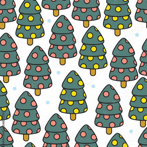 Christmas tree seamless pattern. Vector illustrations of Green fir trees with red and yellow golden baubles surrounded by blue snowballs. A forest of festive pines.