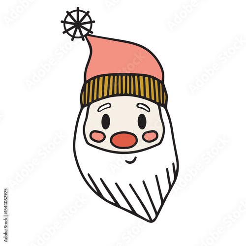 Santa Claus smiley face with white beard and red nose, wearing red beanie hat with white snowflake pom-pom. Vector illustration on separate white background.