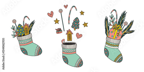 Christmas stocking. Set of three isolated vector illustrations on separate background. Socks filled with presents, gifts, gingerbreads, sugar canes, lollipops, fir and pine branches. 