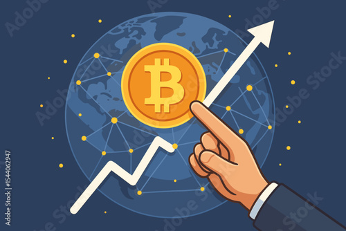 Hand Pointing at Rising Bitcoin Value with Upward Arrow, Global Network Connections, Cryptocurrency Financial Growth, Blockchain Technology, Worldwide Digital Economy Vector Illustration