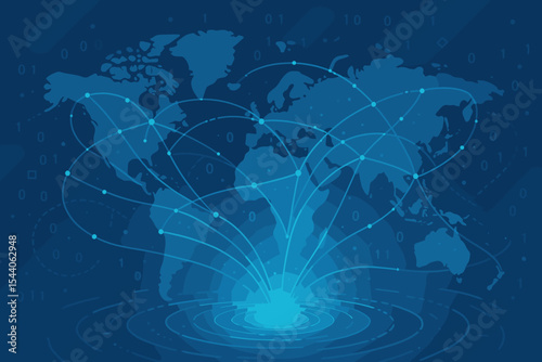 Abstract Global Digital Network Connection Illustration. Worldwide Data Exchange, Internet Communication, Information Technology, and Futuristic World Map Background. Big Data Visualization.
