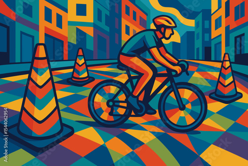 Vibrant abstract cyclist riding bike on colorful geometric patterned urban street with traffic cones. Modern city scene illustration for urban lifestyle, recreation, sport, and safety concepts.