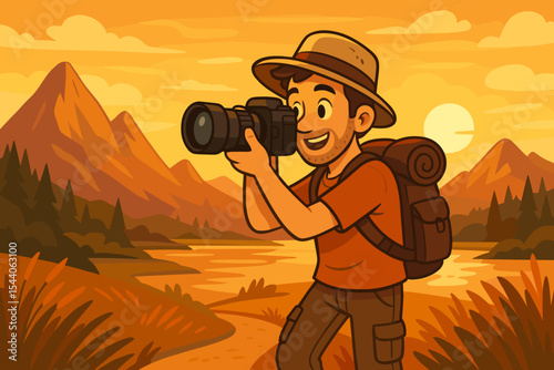Adventurous photographer with camera capturing mountain landscape at golden hour. Man hiking with backpack. Outdoor hobby, travel and adventure concept vector cartoon illustration.