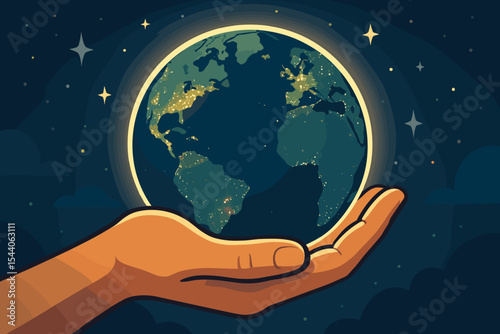 Human hand holding glowing Earth at night, symbolizing energy conservation, global environmental protection, sustainability, planet care, ecology awareness, green future concept, vector illustration