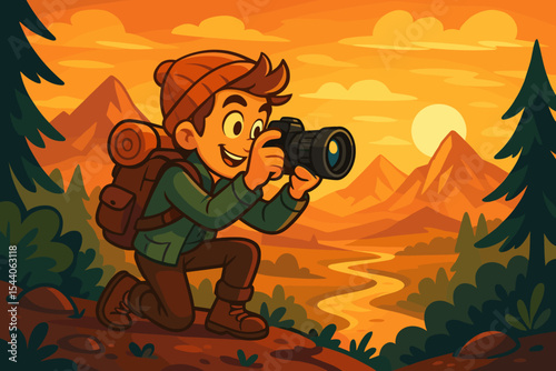 Adventurous male photographer capturing stunning mountain landscape at vibrant golden hour sunset, cartoon vector illustration of happy man enjoying outdoor travel and nature photography hobby