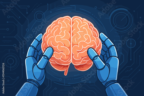 Artificial Intelligence robotic hands manipulating human brain on futuristic technology background, smart digital mind, machine learning, neural network innovation science concept vector illustration.