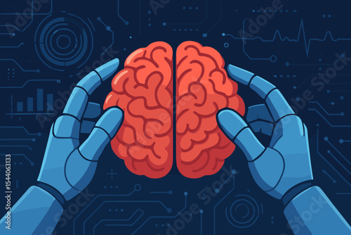 Artificial intelligence concept with robotic hands holding a human brain. AI technology, neuroscience, and neurology metaphor. Futuristic mind analysis, data processing, and cyborg idea.