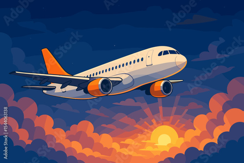 Vector cartoon illustration of an airliner flying above clouds at sunrise or sunset. Passenger plane in flight. Travel and transportation concept for aviation industry and tourism.