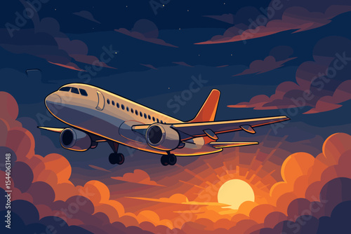 Passenger airplane flying above clouds at sunrise. Commercial aircraft travel and vacation concept. Vector illustration of a jet airliner on a journey during a beautiful sunset.