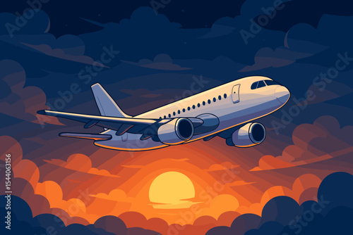 Airplane flying at sunrise in dark blue sky with clouds, vector cartoon illustration of commercial passenger jet in flight, travel and aviation concept, sunset background