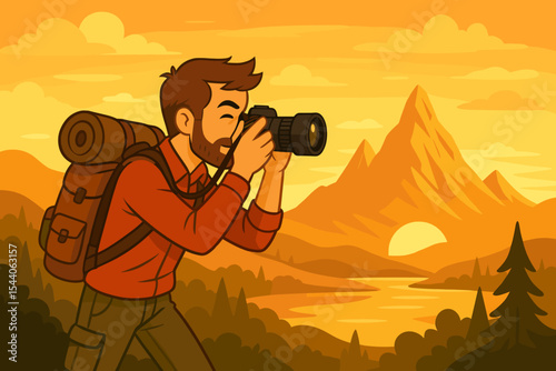 Adventurous male photographer capturing stunning mountain landscape at golden hour sunset. Hiker with camera taking photo of nature scenery. Outdoor travel exploration journey. Vector illustration.