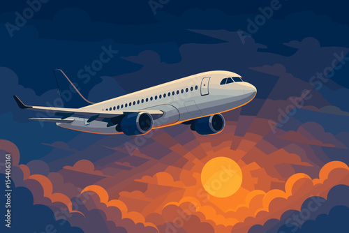 Commercial airplane flying through clouds at sunrise or sunset. Passenger jet on a travel journey. Concept for tourism, vacation, and air transportation. Vector cartoon background.