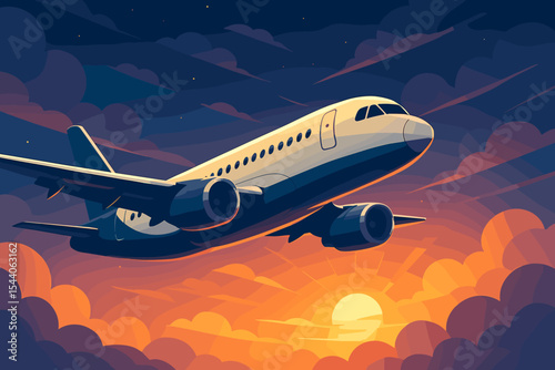 Passenger airplane flying in the sky with clouds during a beautiful sunrise or sunset. Commercial airliner in flight, concept for travel, vacation, and transportation. Vector illustration.