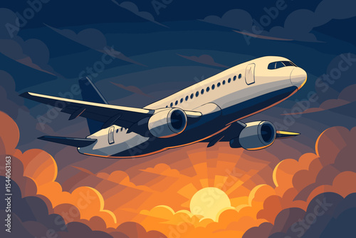 Passenger airplane flying high in dark blue sky with vibrant orange clouds at sunrise, capturing the beauty of global travel, adventure, and new journeys. Modern aviation cartoon vector illustration.