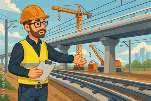 Industrial engineer supervising high speed railway construction, cartoon vector illustration with cranes, elevated tracks, safety vest, hard hat, infrastructure project, city backdrop
