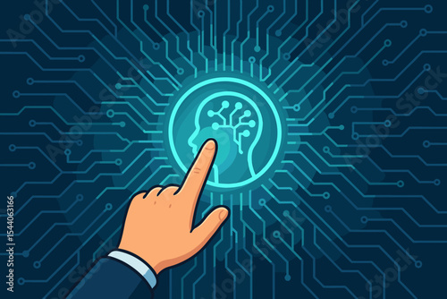 Human hand touching artificial intelligence interface. Brain circuit digital network. Machine learning, technology, innovation, neural network, data analysis concept. Vector illustration background