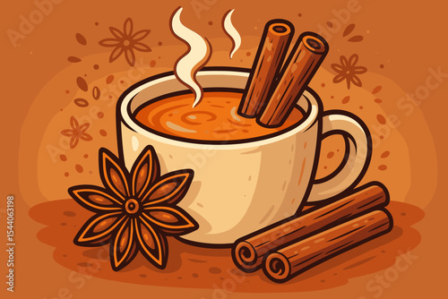 Aromatic Masala Chai Tea Vector Illustration: Steaming Hot Beverage with Star Anise, Cinnamon Sticks. Traditional Indian Drink, Rich Spices, Cozy Flavors. Cartoon Art, Autumn Comfort, Warm Season.