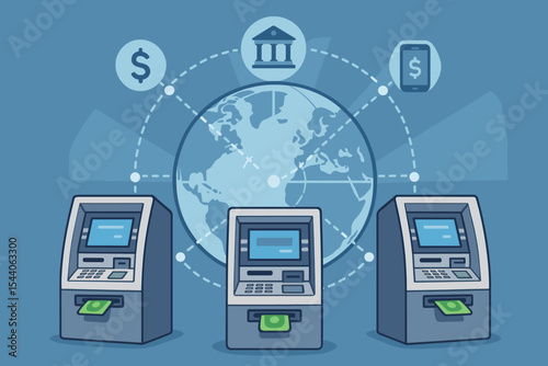 Global Banking Network Connecting Automated Teller Machines for Online, Digital, and Automatic Financial Services. Worldwide Money Transactions, Modern FinTech Vector Illustration.