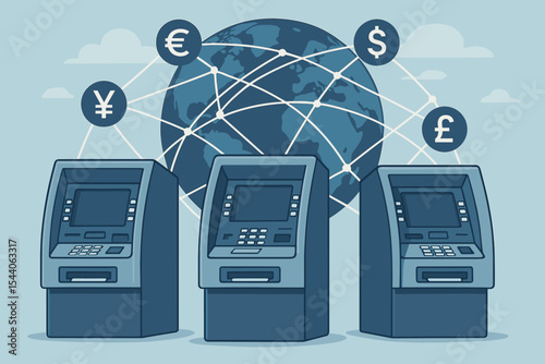 Vector concept of global banking and finance. ATM machines connected to an international network for money transfer and currency exchange. Fintech online services illustration.