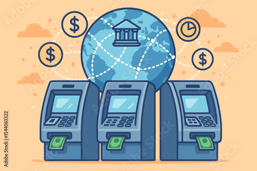 Global ATM Machines Network Illustration. Automated Digital Banking Services, Worldwide Financial Transactions, Cash Withdrawal, Secure Online Payments. International Money Access Cartoon.