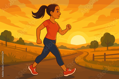 Active woman walking on a rural road at sunset, cartoon vector illustration of an athlete exercising outdoors in nature, pursuing fitness and healthy lifestyle goals during golden hour twilight.
