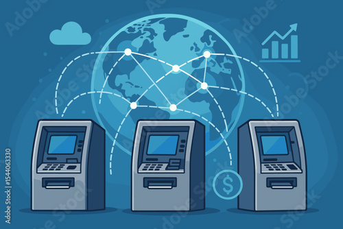 Global ATM network connecting automatic teller machines worldwide for digital finance, online banking, secure payments, money transactions, and international financial services illustration.