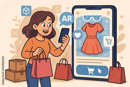 Augmented reality in e-commerce concept. Woman uses AR app on smartphone for virtual try-on of fashion dress. Online shopping technology. Mobile retail customer experience.