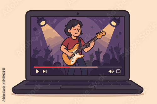 Virtual concert streaming on laptop screen, guitarist performing live on stage, digital entertainment, online music event, crowd, spotlight, vector cartoon illustration, home concert experience