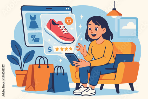 Augmented Reality enhancing digital shopping experience for e-commerce customers browsing products with virtual try-on technology from home. Modern retail vector cartoon illustration.