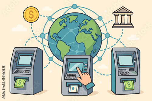 Global banking network with ATM machines illustrating online automatic financial services, cash withdrawal, currency exchange, and digital money transactions concept vector illustration.