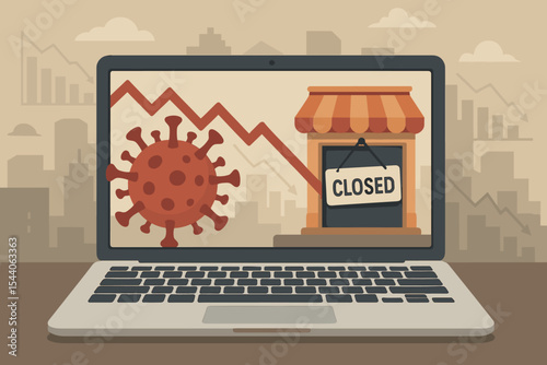 Economic Impact of Coronavirus Pandemic Crisis. Closed Store Sign, Virus Icon, Falling Graph on Laptop Screen. Small Business Shutdown, Financial Recession, Covid-19 Lockdown Concept Vector