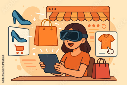 Augmented Reality (AR) enhances online shopping, e-commerce experience. Woman uses VR headset for immersive digital retail. Futuristic consumer technology. Metaverse future of shopping concept vector.