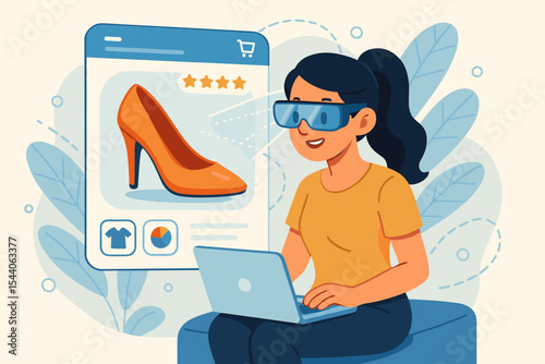 Augmented Reality E-commerce: Woman with AR Glasses Enhancing Online Shopping Experience. Virtual try-on, digital retail, customer journey, future technology, immersive commerce innovation.