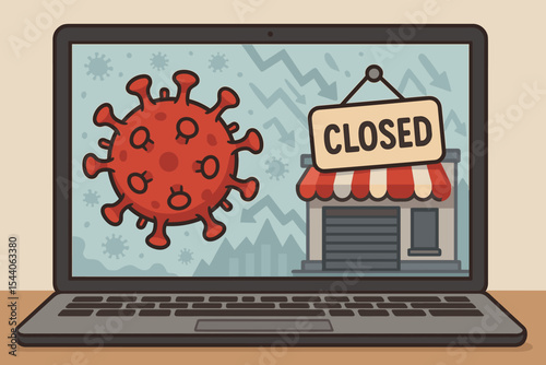 Economic crisis lockdown concept coronavirus pandemic shop closure. Closed business store laptop screen. Covid-19 outbreak economic downturn. Quarantine restrictions retail vector illustration