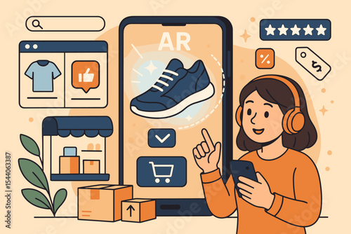 Augmented reality enhances online shopping experience. Woman using AR mobile app for virtual try-on. E-commerce, retail technology concept for immersive product visualization. Vector.