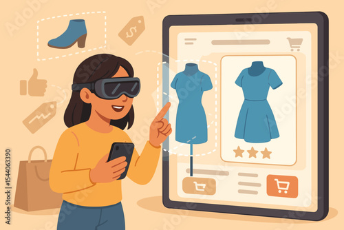 Augmented Reality Enhances Online Shopping Experience, E-Commerce, and Virtual Try-On. Woman using AR glasses on tablet for future digital retail. Vector illustration.