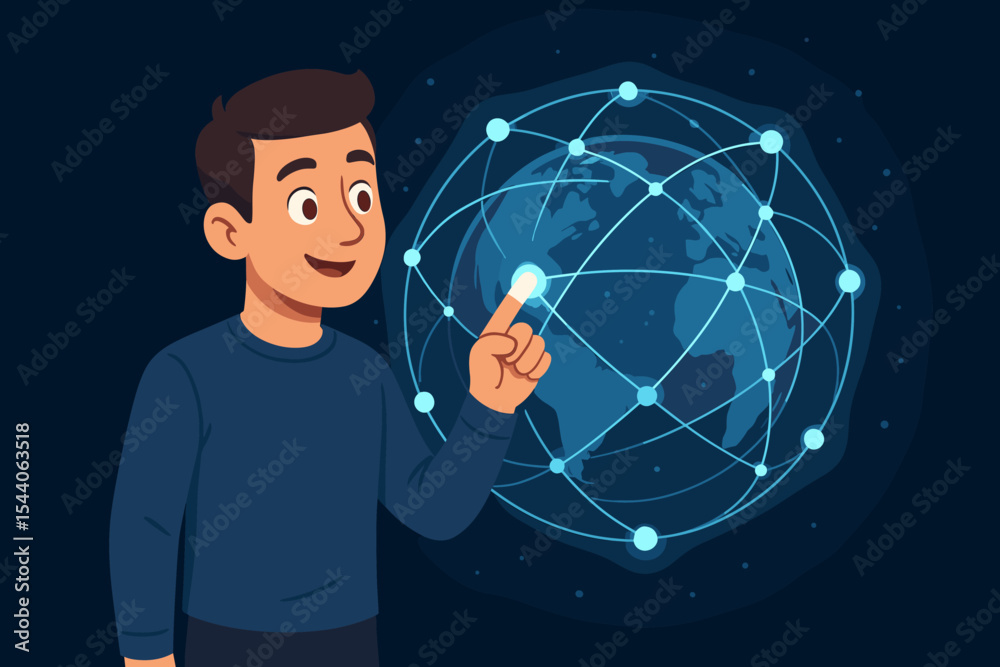 Cartoon man connecting with global network. Digital technology concept. Communication, internet, worldwide data exchange. Touchscreen, globe, connectivity, interactive world map illustration