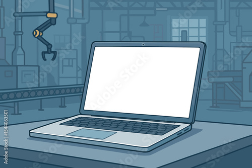 Blank white laptop screen in industrial factory setting with robotic arm and conveyor belt. Copy space on display for technology, automation, manufacturing, digital work. Vector illustration.