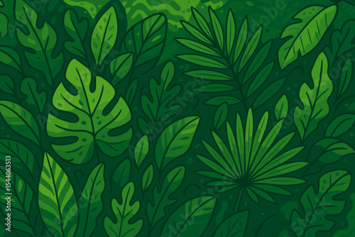 Lush tropical foliage seamless pattern. Vibrant green jungle leaves, monstera, palm, exotic rainforest plants. Summer botanical background. Nature cartoon vector illustration for wallpaper or textile