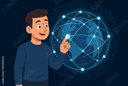 Cartoon man connecting with global network. Digital technology concept. Communication, internet, worldwide data exchange. Touchscreen, globe, connectivity, interactive world map illustration