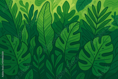 Lush tropical foliage seamless pattern with vibrant green monstera and banana leaves, dense jungle vegetation, botanical natural background, abstract cartoon vector illustration, no text