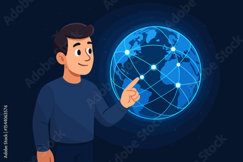 Cartoon man interacting with illuminated global network, digital connections concept, futuristic technology, internet communication, worldwide data exchange illustration, dark blue background