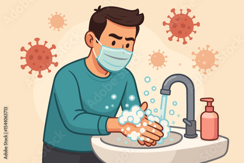 Cartoon man washing hands thoroughly with soap and running water at sink to prevent virus bacteria infection. Hygiene, health safety, handwashing, COVID-19, disease prevention, pandemic concept