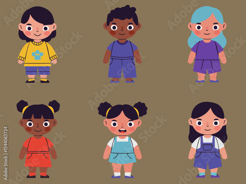 Diverse children: Illustration of a diverse group of adorable children, showcasing unique personalities, in cheerful outfits, perfect for any project promoting inclusivity.