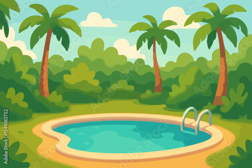 Blurred Swimming Pool Paradise Vector Cartoon. Tropical Oasis with Lush Palm Trees, Green Garden Landscape, Serene Summer Vacation Resort Background. Relaxing Exotic Scene.