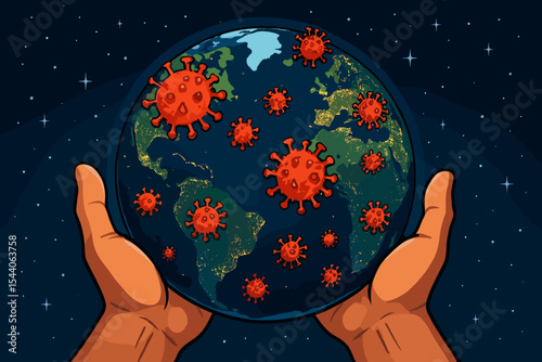 Hands Holding Earth at Night with Global Coronavirus Outbreak, COVID-19 Pandemic Concept, Virus Spread Illustration, Pandemic Impact, Vector Cartoon Design