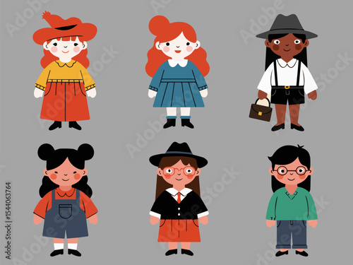 Cute Girls in Different Outfits: Six adorable cartoon girls, each in unique outfits and hairstyles, standing against a gray background, showcasing diversity and style. 