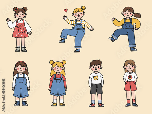 Cute kids illustration: A set of six adorable cartoon kids in various poses and outfits. Perfect for children's books, websites, and other projects.