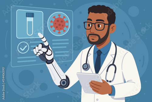Futuristic doctor with robotic arm analyzing COVID-19 test results on digital interface, advanced healthcare technology, AI medicine innovation, laboratory science vector illustration